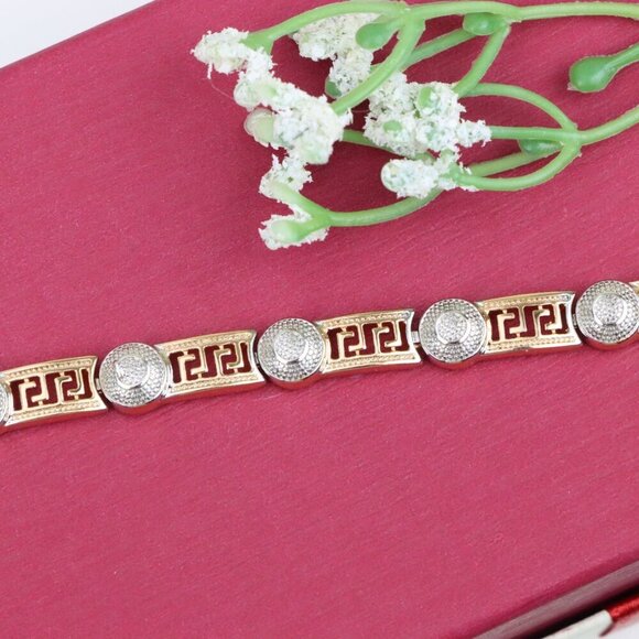 "Greek Key Rose Gold Bracelet with Silver Disc Accents, XPBL0792 - Picture 1 of 12